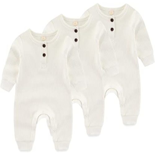 Newborn Baby Boys Girls One Piece Romper With Mitten Cuffs 3 Pack Long Sleeve Ribbed Button Jumpsuit Outfit Clothes
