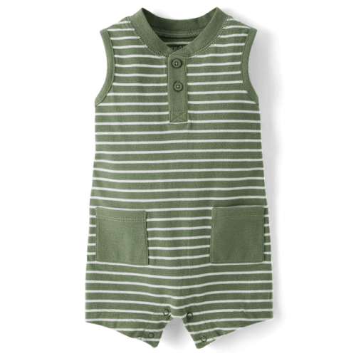 Baby Boys Striped Henley Romper - Green