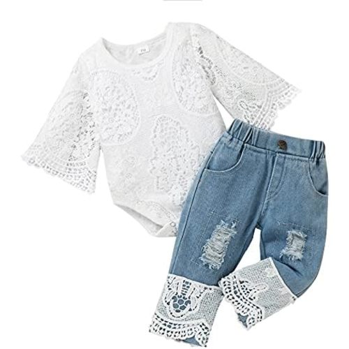 Baby Girl Clothes Toddler Outfit Infant White Lace Romper Long Sleeve + Jeans Pants Clothing Set
