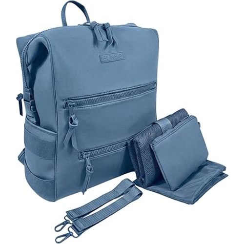 BUNSO Neoprene Diaper Bag – minimalist, water-resistant backpack with pouch, changing pad, and stroller straps. Lightweight unisex baby diaper bag in Slate Blue