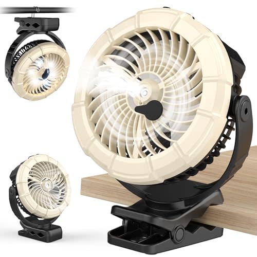Ausic 3-in-1 Portable Clip on Fan with Misting & LED Lights & Hook, 100ML Baby Stroller Fan, 5200mAh Rechargeable Battery Operated & 360° Rotation & 3 Speeds for Table Outdoor Travel Camp Golf Cart