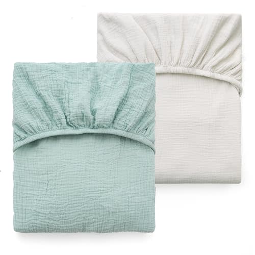 Momcozy Muslin Standard Fitted Crib Sheets, 52"x28", 2 Pack Soft Breathable Natural Cotton Baby Mattress Sheet, 360° Mattress Wrapping No Slip Boys Girls Neutral Toddler Bed Sheet, Green Grey