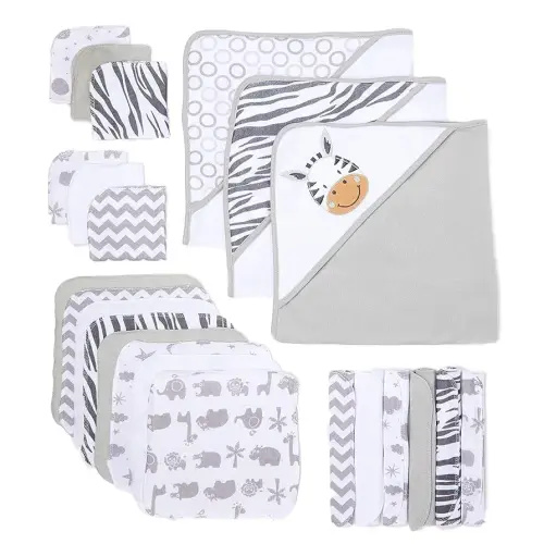 Spasilk 23-Piece Soft Terry Hooded Bath Towel and Washcloth Gift Set, 3 Baby Towels and 20 Baby Washcloths for Unisex Newborn Bath Essentials, Ideal, White Zebra