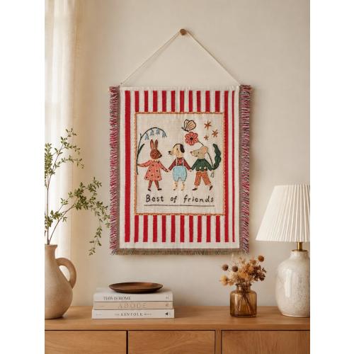 Boho Wall Tapestry Best Friends Animal Hanging Decor, Cute Woven Textile Art, Nursery Room Decor, Cozy Cottage Wall Art, Handmade Style Gift