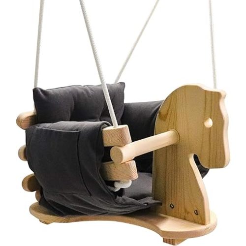 Baby Wooden Horse Swing Toddler Secure Swing Indoor & Outdoor Infant Hanging Swing Chair with Canvas Cushion (Grey)
