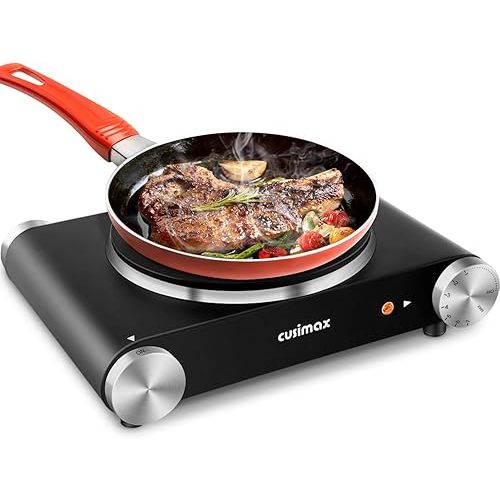 CUSIMAX Electric Burner Hot Plate for Cooking Cast Iron hot plates, Adjustable Temperature Control, Non-Slip Rubber Feet Stainless Steel Easy to Clean, Your Kitchen Assistant