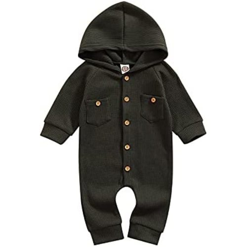 Ynibbim Winter Newborn Baby Boy Girl Solid Romper Unisex Infants Hooded Outfit Clothes Waffle Cotton Button Jumpsuits