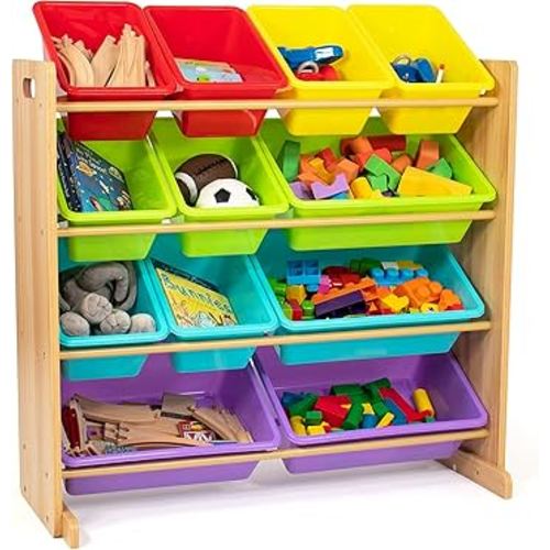 Humble Crew Kids Toy Storage Organizer with 12 Storage Bins, Rainbow/Natural Wood
