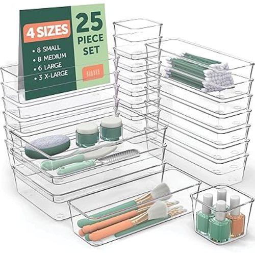 25 PCS Clear Plastic Drawer Organizers Set, 4 Sizes Clear Drawer Organizers & storage Bins for Makeup/Jewelry Vanity, Kitchen Gadgets Or Office Desk. Bathroom Drawer Organizer Trays With Non-Slip Pads