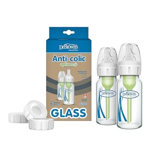 Dr. Brown's Natural Flow Anti-Colic Options+ Narrow Glass Baby Bottle 4 oz/120 mL & Travel and Storage Baby Bottle Caps for Natural Flow and Options+ Baby Bottles - 3-Pack