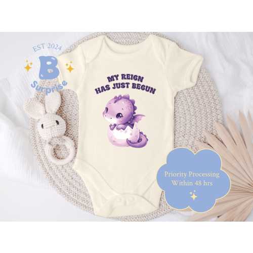 Purple Dragon Baby Onesie® | My Reign Has Just Begun Bodysuit | Cute Dinosaur Infant Outfit | Adorable Natural Baby Gift