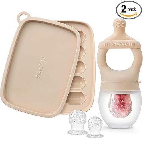SAMiGO Baby Food Fruit Feeder and Breastmilk Popsicle Mold Set, Silicone Fruit Teether, Food Feeder Pacifier for Teething Relief, Freezer Tray, Baby Feeding Essentials, 4 Months+