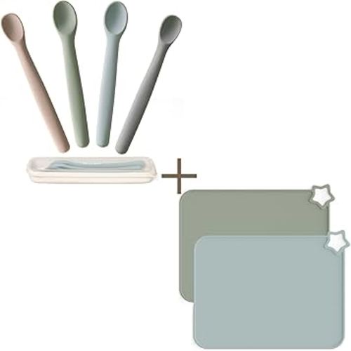 Moonkie Silicone Baby Spoons Set of 4 & Non-Slip Placemats for Toddlers | 2 Sizes Feeding Utensils for 4+ Months | Bendable, Chewproof, Stain Resistant & Dishwasher Safe | Perfect for Mealtime