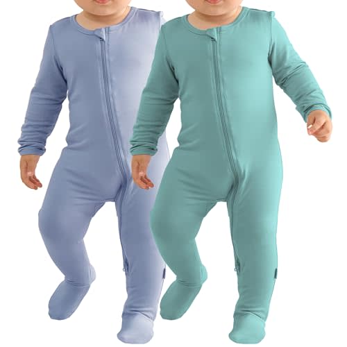 Ekkimy Baby Bamboo Rayon Romper Infant Footies Long Sleeve Double Zipper Outfits 2-Pack One-Piece Jumpsuits