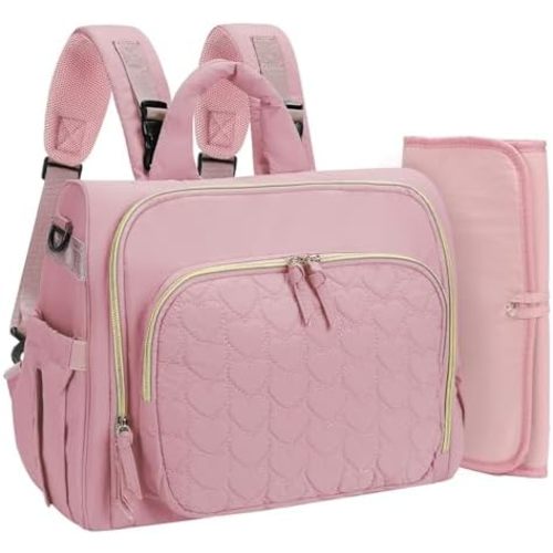 MHOMER Diaper Bag Backpack Puffer Lightweight 3 in 1 Wide Open Small Diaper Bag Tote for Travel with Changing Pad Shoulder Straps,Pink