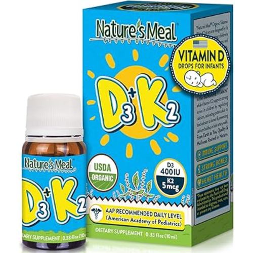 Nature's Meal Vitamin D3 + K2 Drops MK-7 5 mcg, Liquid Vitamin D Drops for Infants 400 IU, Healthy Bones, Heart & Immune System, Sugar Free Supplement for Infants/Baby & Toddlers, 180 Servings