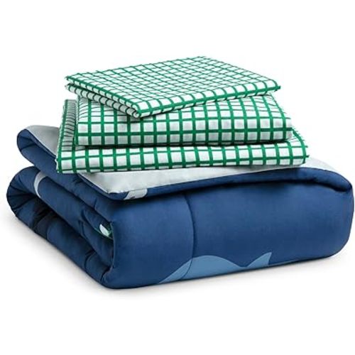 Delta Children 4 Piece Toddler Bedding Set for Boys - Reversible 2-in-1 Comforter - Includes Fitted Comforter to Keep Little Ones Snug, Bottom Sheet, Top Sheet, Pillow Case - Blue/Green Dino
