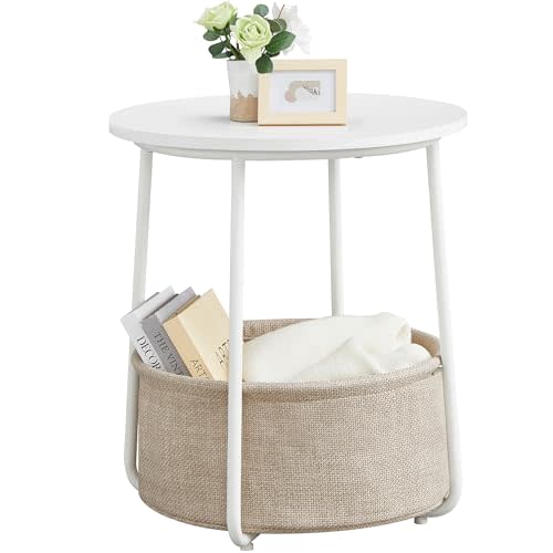 VASAGLE Small Round Side End Table, Modern Nightstand with Fabric Basket, Matte White and Camel Brown ULET223W10
