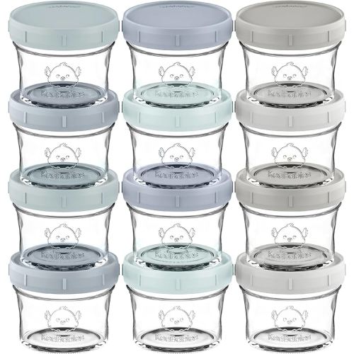 KeaBabies 12pk 4oz Glass Baby Food Containers with Lids - Leak-Proof, Microwavable Small Glass Jars, Baby Purees & Toddler Snack Storage Containers, BPA-Free, Dishwasher & Freezer Safe (Slate)