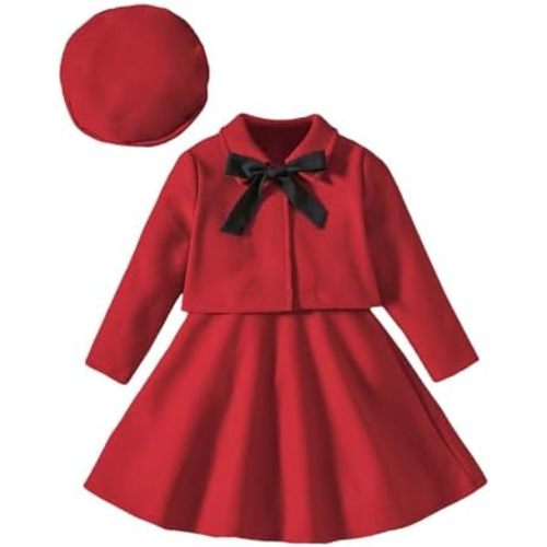 Toddler Baby Girl Mini Skirt Set Bow Long Sleeve Woolen Coat Dress Hat Suit Three Piece Set Cute Baby