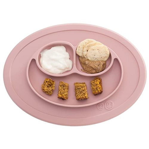 ezpz Mini Mat for 12 Months+ (Blush) - 100% Silicone Baby Plates with Suction and Built-in Placemat for Infants + Toddlers - Baby Led Weaning - For Highchair, Dining Table and Travel
