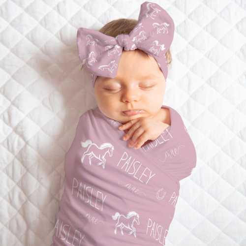 Personalized Horse Baby Swaddle, Equestrian Blanket, Hat or Headband