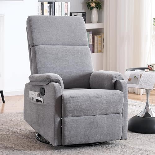 Recliner Chair for Adults, 360° Swivel Rocking Chair Nursery, Small Rocker Recliners for Small Spaces, Glider Recliner Nursery Chair with Side Pocket for Living Room, Bedroom, RV, Fabric Grey