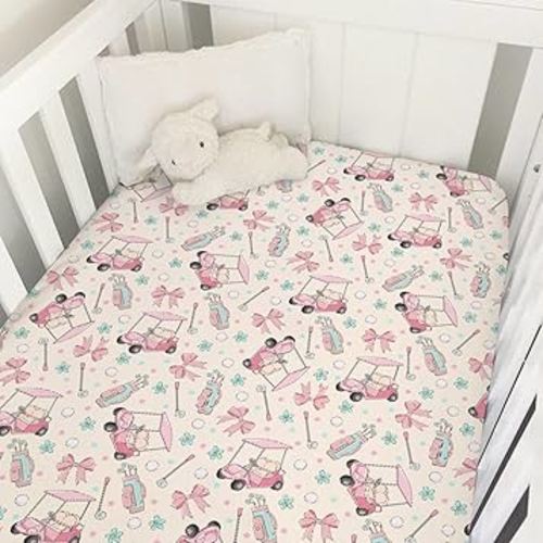 Girly Golf Stripes Bows Floral Baby Crib Sheets for Girls Pastel Pink Golfing Soft Snug Fitted Crib Mattress Covers for 52''x28'' Standard Crib & Toddler Mattress Preppy Girl Sports Nursery Bed Sheets