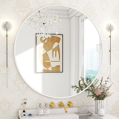 BEAUTYPEAK Circle Mirror White 30 Inch Wall Mounted Round Mirror with Brushed Metal Frame for Bathroom, Vanity, Living Room, Bedroom, Entryway Wall Decor (White, 30 Inches)
