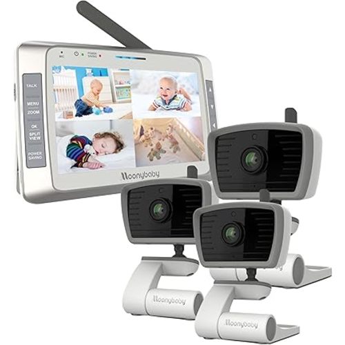 Moonybaby 5" HD ANR (Auto Noise Reduce) Long Range Baby Monitor with 3 Cameras for 3 Rooms, Low EMF, No WiFi. Model: Trust 50
