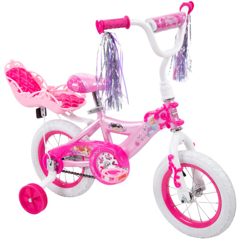 "Huffy Disney Princess Girls' 12"" EZ-Build Pink Bike with Doll Carrier and Training Wheels"