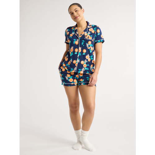 Joyspun Women’s Dreamy Soft Collection Short Sleeve Knit Notch Collar Top and Shorts Pajama Set, 2-Piece, Sizes XS-3X