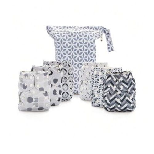 6ct Reusable Cloth Diapers, One Size Adjustable, Washable Soft Absorbent, Waterproof Cover, 4-Layers Microfiber Inserts (Greys) - Simple Being