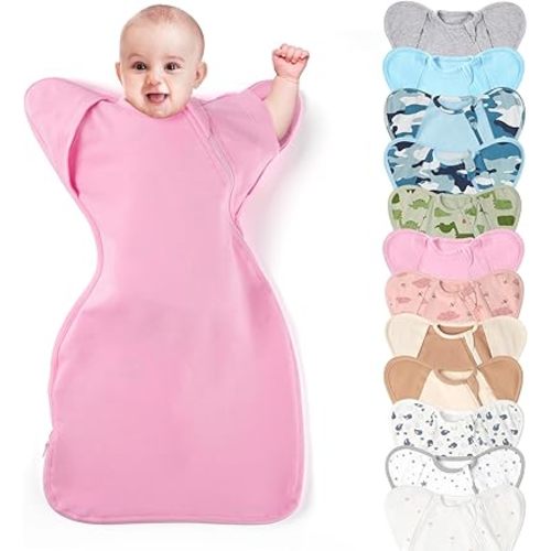 3-Way Wearable Swaddle Blankets Sleep Sacks with Arms Up, Hands Up Sleeping Sack Easy Diaper Changing Sleeping Bag for Baby Boy Girl Newborns Transitions to Arms-Free Calms Startle Reflex