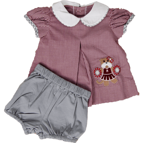 Southern Saturday Infant Girls Gingham Collared Bulldog Cheerleader Top w/ Gray Bottoms Bloomer Set | Campus Book Mart
