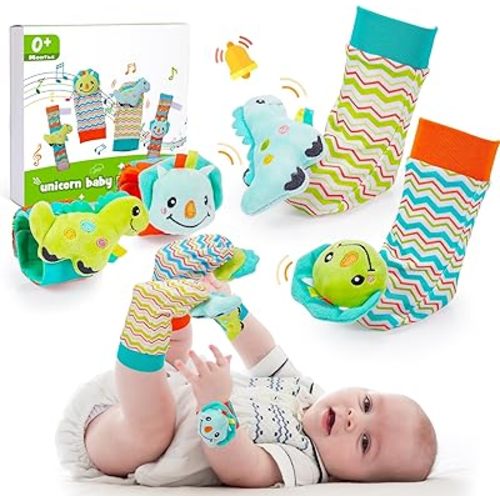 Baby Infant Rattle Socks, 3 4 5 6 Month Old Baby Toys Wrist Rattles for Babies 0-6 Months Newborn Baby Learning Sensory Toys 3-6 Months Brain Development Toys Baby Boy Shower Gifts Dinosaur