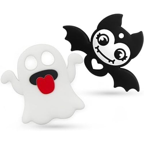 Teething Toys for Babies, PAPACHOO 2 Pack Halloween Soft Silicone Baby Soothing Teether Chew Toys (Ghosts & Bats)