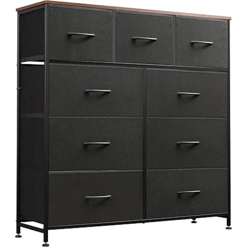 WLIVE 9 Drawer Dresser, Fabric Storage Tower for Bedroom, Hallway, Closet, Tall Chest Organizer Unit for Bedroom with Fabric Bins, Steel Frame, Wood Top, Easy Pull Handle, Black and Rustic Brown