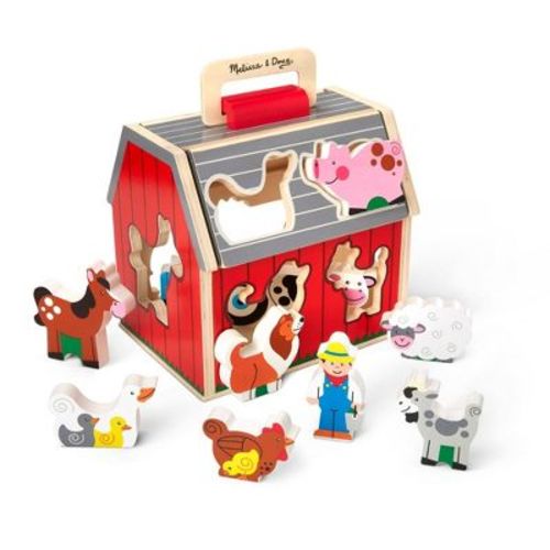 Melissa & Doug Take-Along Wooden Sorting Barn Learning Toy with Flip-Up Roof, Handle, Farm Play Pieces