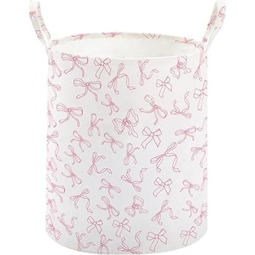 TECHMILLY Large Storage Basket for Girls and Boys, Collapsible Laundry Hamper with Long Handles, Toy Bins for Nursery, Kids Room Décor (Bowknot)