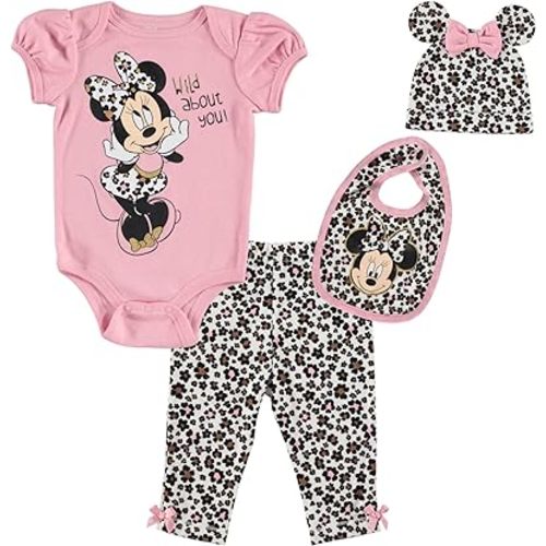 Disney Minnie Mouse Baby Girls Bodysuit Pants Bib and Hat 4 Piece Outfit Set Newborn to Infant