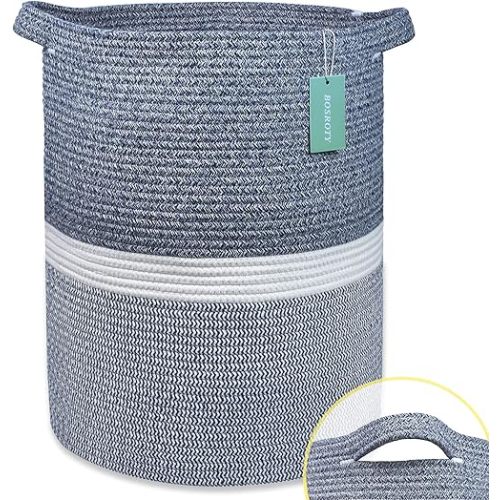 Large Blanket Basket, Nursery Hamper, Tall Laundry Basket 72L, Cotton Rope Woven Laundry Hamper for Storage Toys Clothes Towels, 16”x 22”, Blend Navy Blue & White