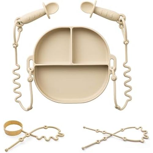Andy Bear Silicone Plates for Babies with Suction Divided Baby Spoons Silicone Baby Toy Straps All-in-one Plates Silicone Placemat for Babies Toddlers Attachable Tethers & Built-in Suction Cups-Ivory