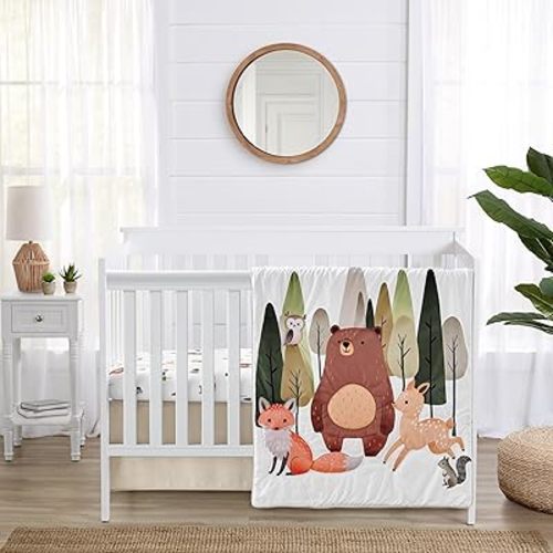 Sweet Jojo Designs 3-Piece Baby Crib Bedding Set (Woodland Animals) for Boys or Girls, Infants/Nursery incl. Blanket, Fitted Sheet, Skirt, Diaper Stacker (Neutral Theme, Forest Animal, Bear, Deer Fox)