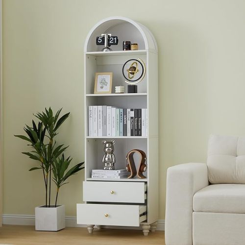 75.6" Tall Arched Cabinet, 4-Tier Arched Bookcase with Drawer and Shelves, Accent Display Cabinet with 2 Drawer Storage for Living Room, Reading Room and Bedroom (White)