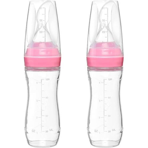 4 oz Silicone Baby Food Dispensing Spoon - 2 Pack - Great for 4+ Month Infants - Includes Stopper - Easy to Use and Mess-Free - Precise Food-Release Feeder - Great for Travel (Pink)