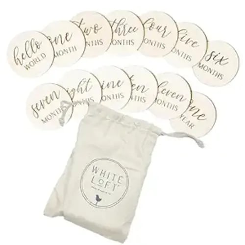 White Loft Baby Monthly Milestone Cards – 13 Wooden Monthly Baby Milestone Cards from Newborn to 1 Year – Baby Photoshoot Props and Newborn Gifts