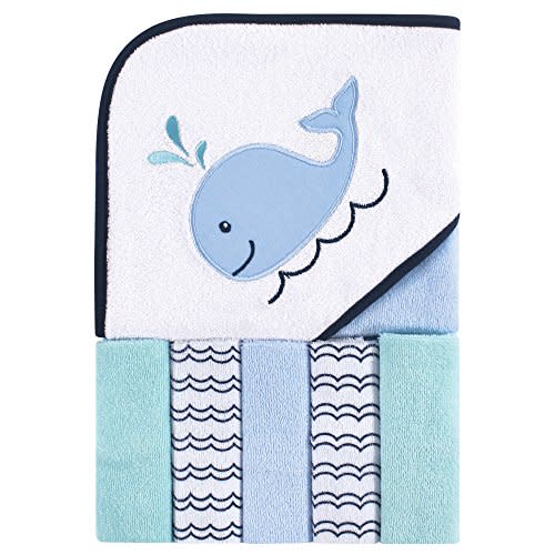 Luvable Friends Unisex Baby Hooded Towel with Five Washcloths, Cotton, Boy Whale, One Size