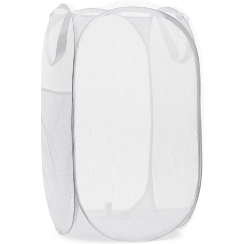 Handy Laundry Collapsible Mesh Pop Up Hamper with Wide Opening and Side Pocket - Breathable, Sturdy, Foldable, and Space-Saving Design for Clothes and Storage (White | 2-Pack)