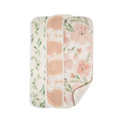 Crane Baby Muslin Baby Burp Cloths, Lightweight Absorbent Burp Cloth, Pink Floral, Set of 3, 7” x 20”, Newborn Baby Essentials, Burp Cloths Baby Boy, Burp Cloths Baby Girl, Baby Newborn Essentials